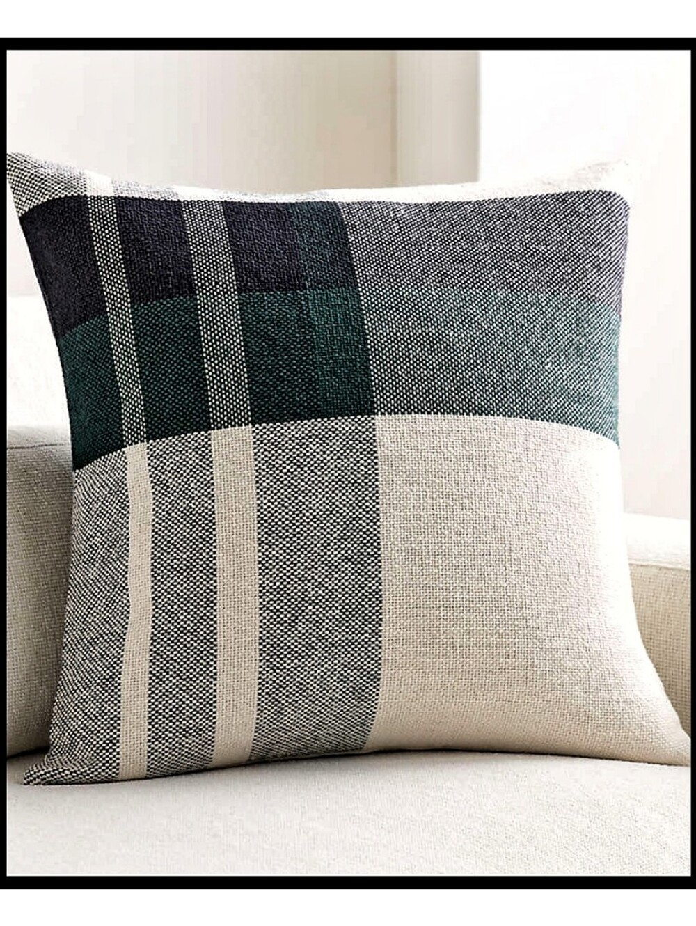 Crate & Barrel Holiday Green Tartan Plaid Throw Pillow Cover Duck Feather Insert